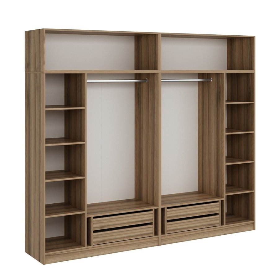 FUNZI LIVING 7521 garderobeskab, 8 lger, 2 bjlestnger, 4 skuffer, hylder - natur melamin