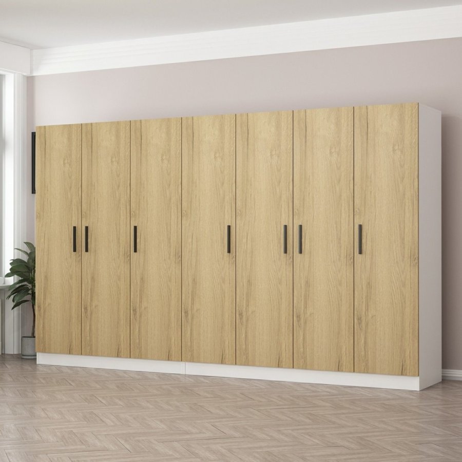 FUNZI LIVING 2706 garderobeskab, 7 lger, 2 bjlestnger, 4 skuffer, hylder - valnddefarvet melamin