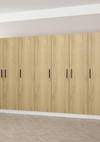 FUNZI LIVING 3863 garderobeskab, 7 lger, 2 bjlestnger, 4 skuffer, hylder - valnddefarvet melamin