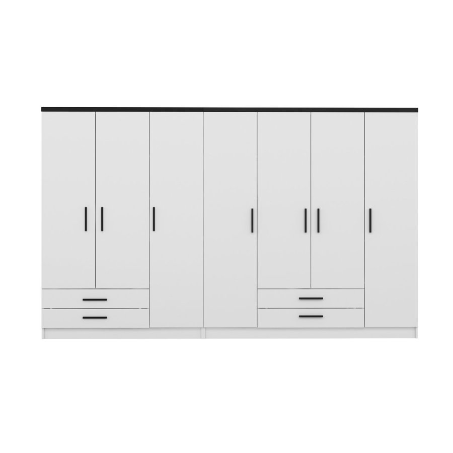 FUNZI LIVING Plus 3046 garderobeskab, 7 lger, 2 bjlestnger, 4 skuffer, hylder - hvid melamin