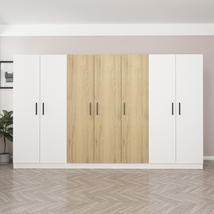 FUNZI LIVING 3113 garderobeskab, 7 lger, 5 bjlestnger, 2 skuffer, hylder - hvid/valnd melamin