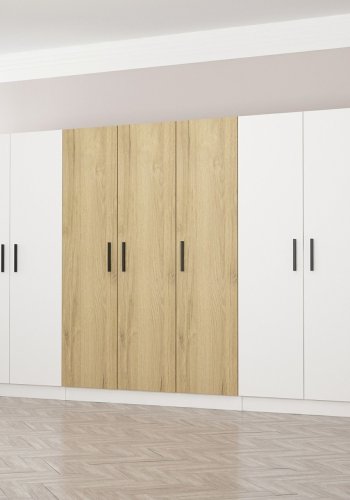 FUNZI LIVING 3113 garderobeskab, 7 lger, 5 bjlestnger, 2 skuffer, hylder - hvid/valnd melamin