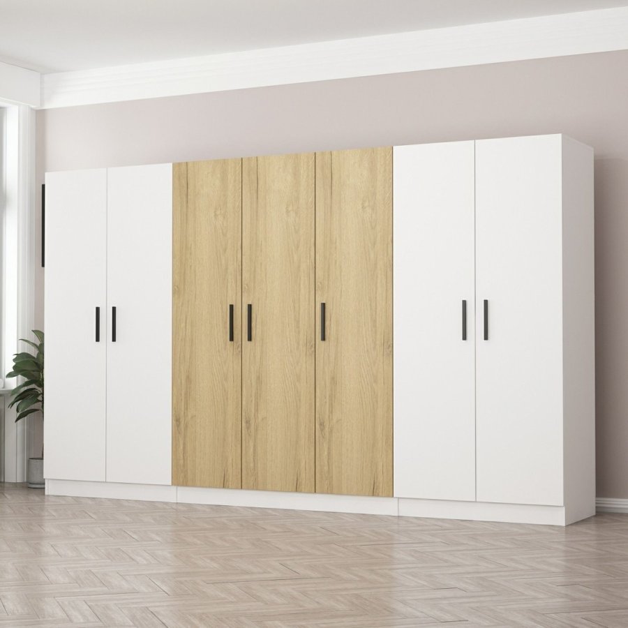 FUNZI LIVING 3113 garderobeskab, 7 lger, 5 bjlestnger, 2 skuffer, hylder - hvid/valnd melamin