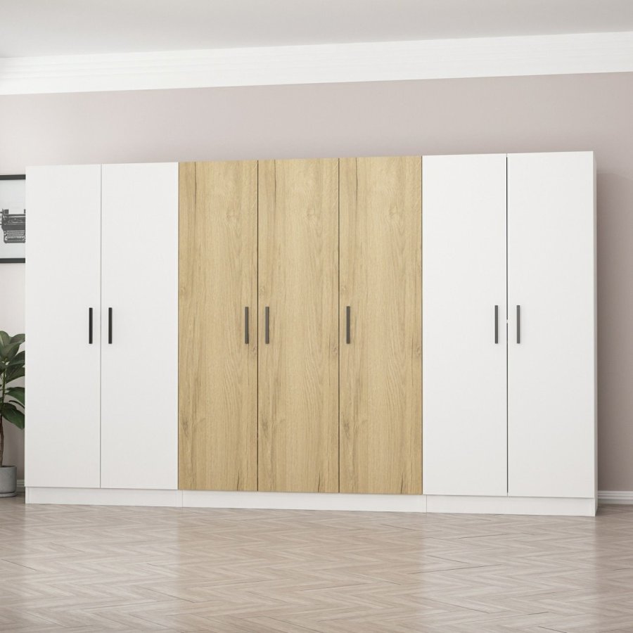 FUNZI LIVING 3113 garderobeskab, 7 lger, 5 bjlestnger, 2 skuffer, hylder - hvid/valnd melamin