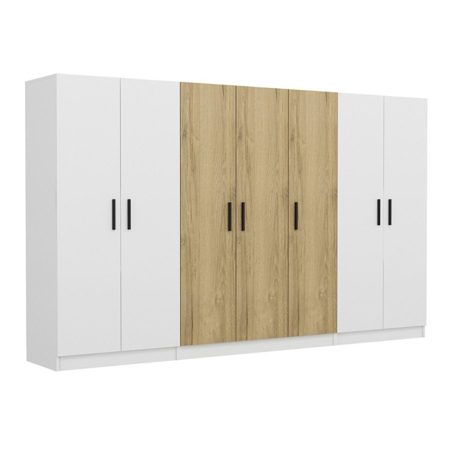 FUNZI LIVING 3113 garderobeskab, 7 lger, 5 bjlestnger, 2 skuffer, hylder - hvid/valnd melamin