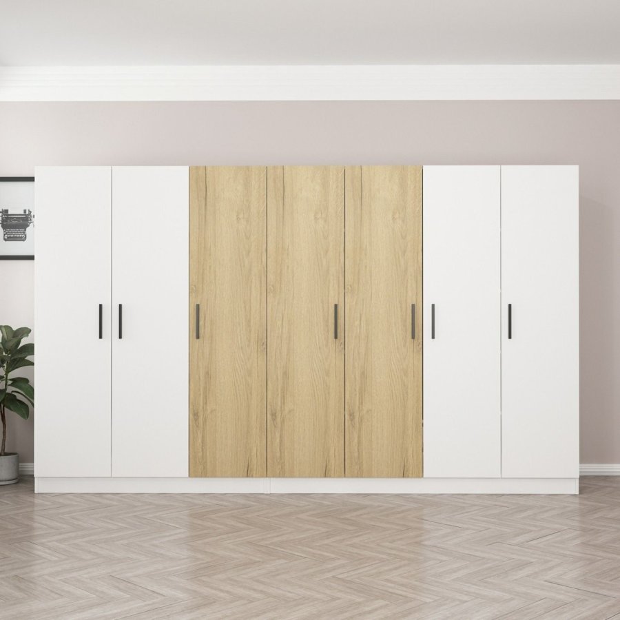 FUNZI LIVING 3114 garderobeskab, 7 lger, 2 bjlestnger, 4 skuffer, hylder - hvid/valnd melamin