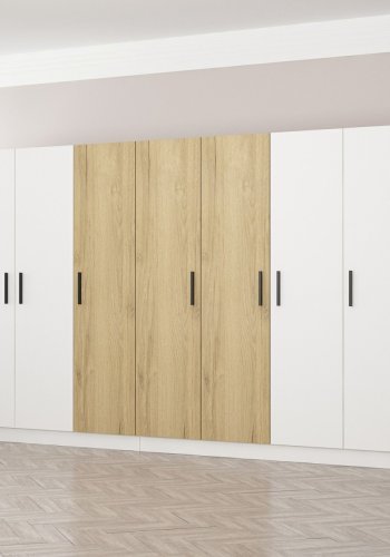 FUNZI LIVING 3114 garderobeskab, 7 lger, 2 bjlestnger, 4 skuffer, hylder - hvid/valnd melamin