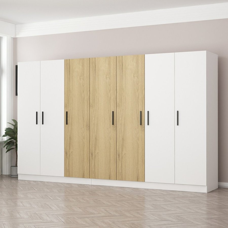 FUNZI LIVING 3959 garderobeskab, 7 lger, 2 bjlestnger, 4 skuffer, hylder - hvid/valnd melamin