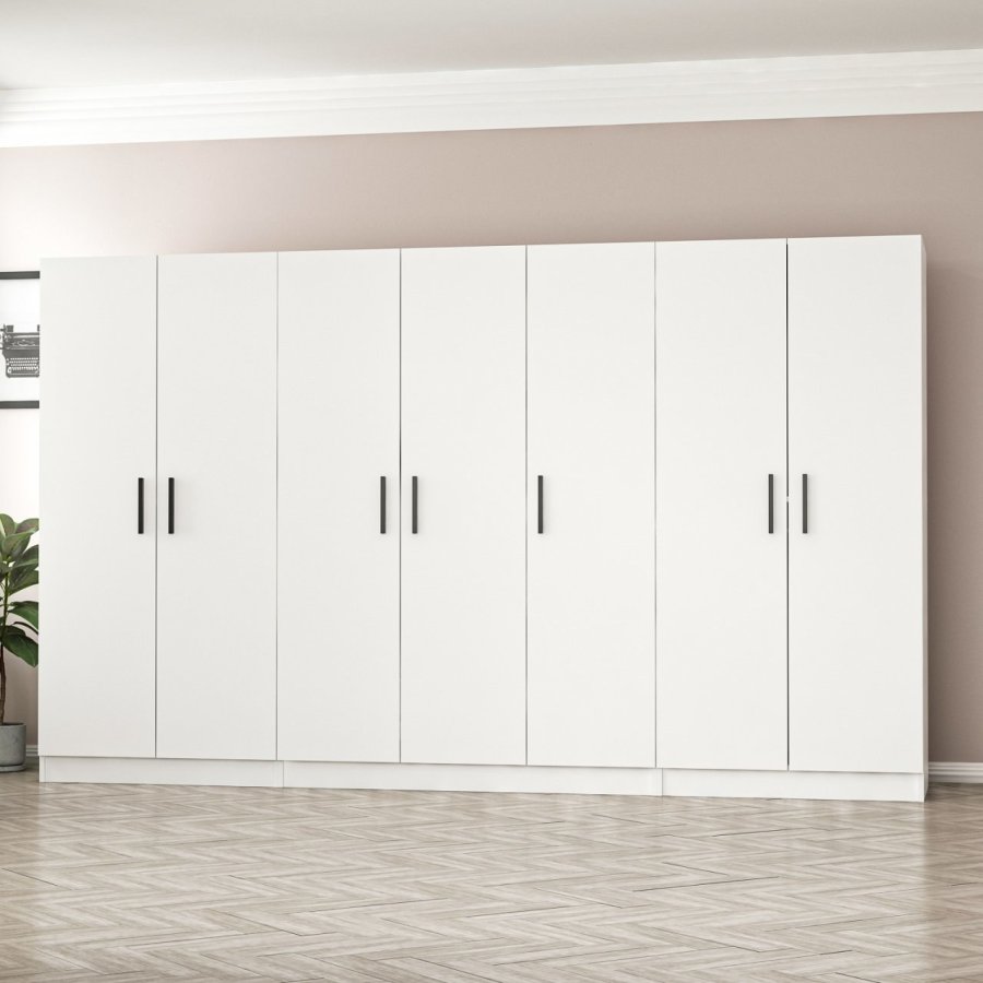 FUNZI LIVING 3808 garderobeskab, 7 lger, 5 bjlestnger, 2 skuffer, hylder - hvid melamin