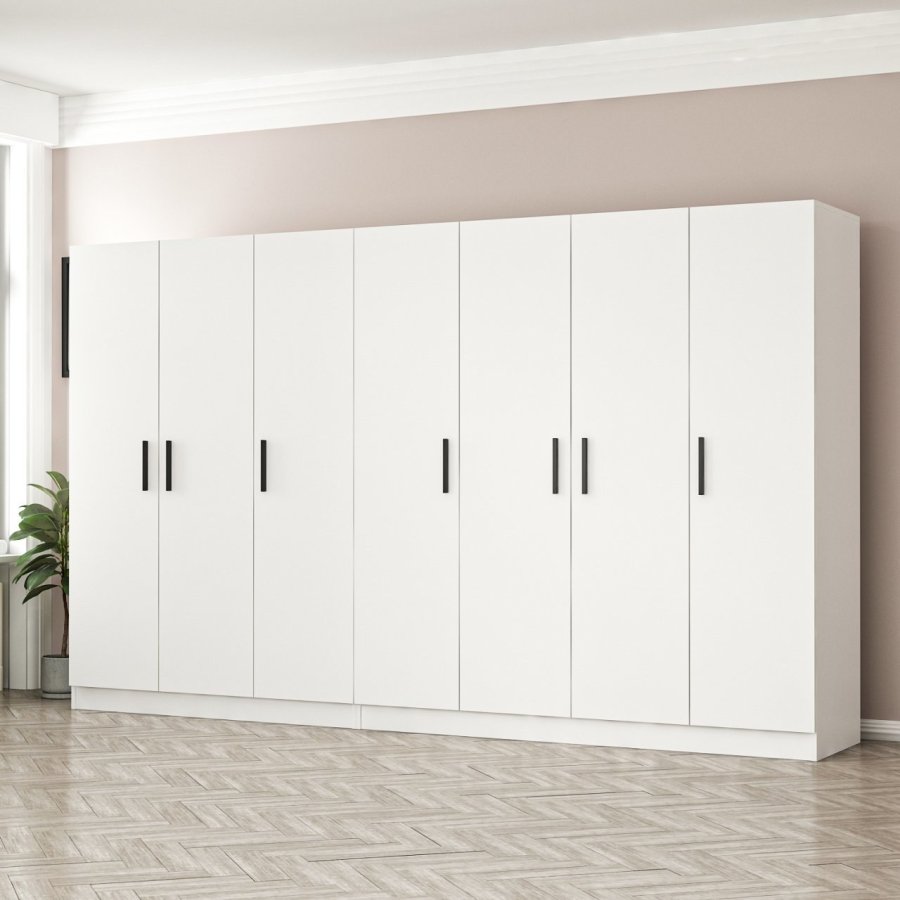 FUNZI LIVING 3809 garderobeskab, 7 lger, 2 bjlestnger, 4 skuffer, hylder - hvid melamin