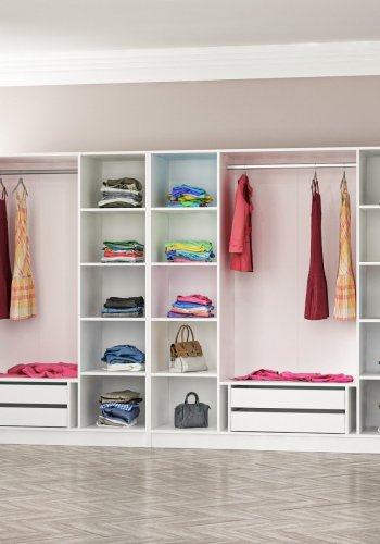 FUNZI LIVING 3809 garderobeskab, 7 lger, 2 bjlestnger, 4 skuffer, hylder - hvid melamin