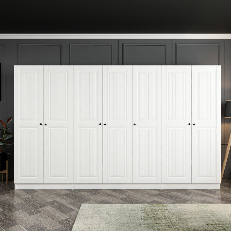 FUNZI LIVING Mebran 4012 garderobeskab, m. 7 lger, 5 bjlestnger, 2 skuffer, hylder - hvid melamin