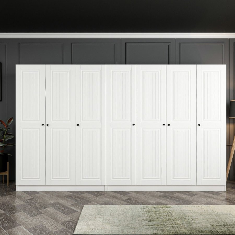 FUNZI LIVING Mebran 4777 garderobeskab, m. 7 lger, 2 bjlestnger, 4 skuffer, hylder - hvid melamin