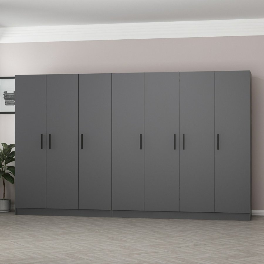 FUNZI LIVING 4979 garderobeskab, 7 lger, 2 bjlestnger, 4 skuffer, hylder - antracitgr melamin