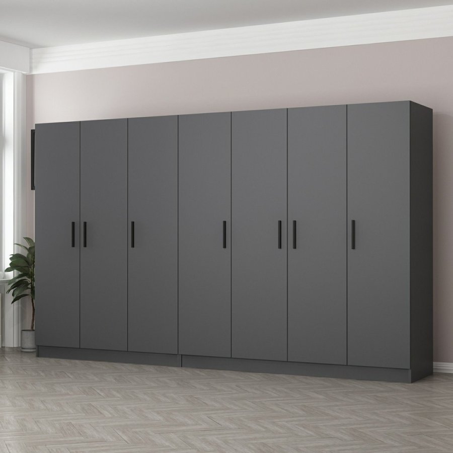 FUNZI LIVING 5083 garderobeskab, 7 lger, 2 bjlestnger, 4 skuffer, hylder - antracitgr melamin