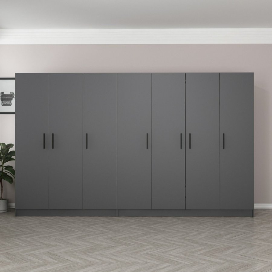 FUNZI LIVING 5083 garderobeskab, 7 lger, 2 bjlestnger, 4 skuffer, hylder - antracitgr melamin