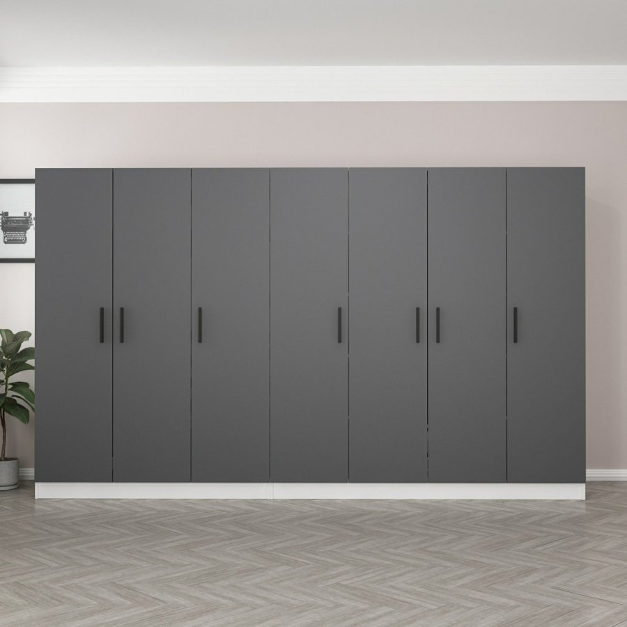 FUNZI LIVING 5056 garderobeskab, 7 lger, 2 bjlestnger, 4 skuffer, hylder - antracit/hvid melamin