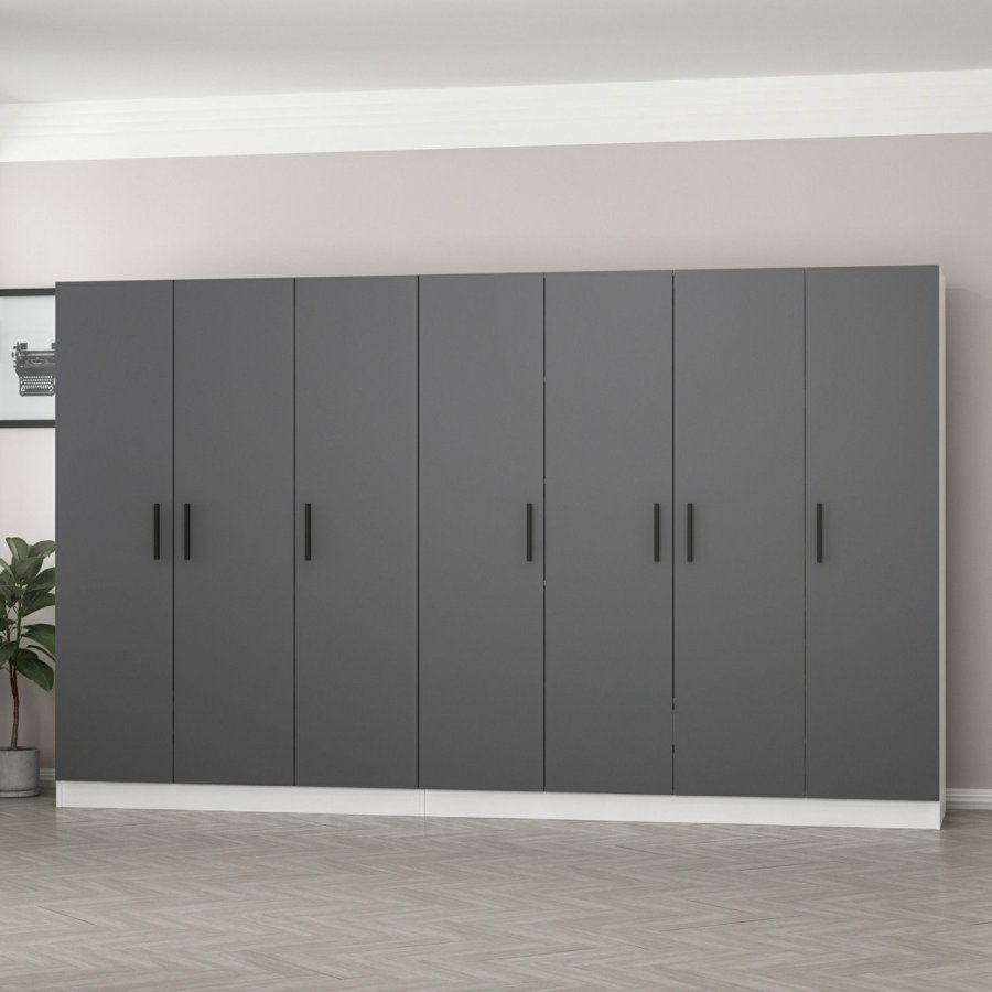 FUNZI LIVING 5056 garderobeskab, 7 lger, 2 bjlestnger, 4 skuffer, hylder - antracit/hvid melamin