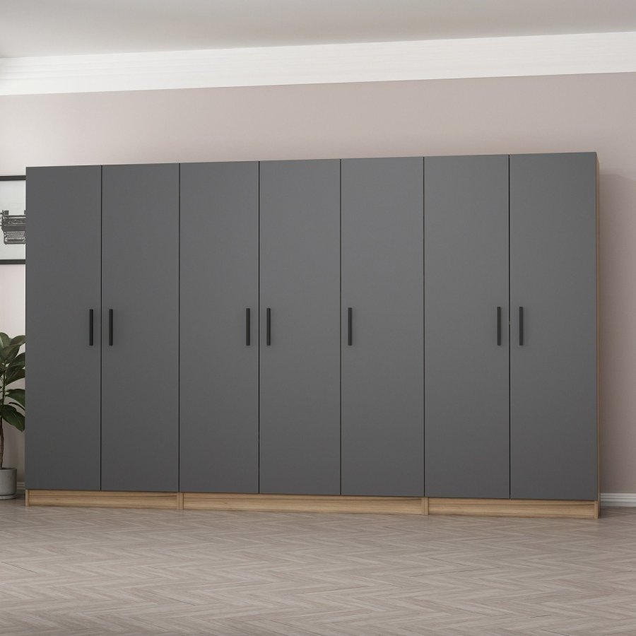 FUNZI LIVING 7512 garderobeskab, 7 lger, 5 bjlestnger, 2 skuffer, hylder - antracit/natur melamin