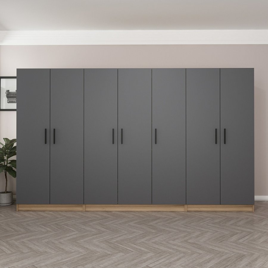 FUNZI LIVING 7642 garderobeskab, 7 lger, 5 bjlestnger, 2 skuffer, hylder - antracit/natur melamin