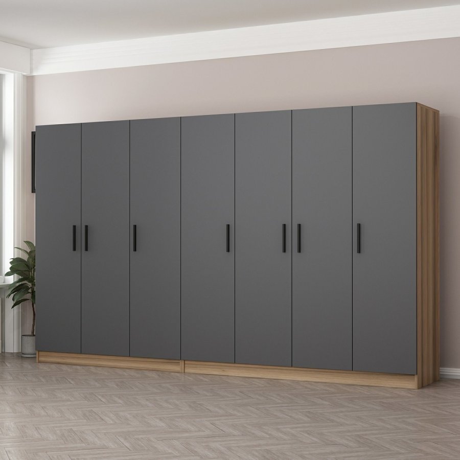 FUNZI LIVING 7513 garderobeskab, 7 lger, 2 bjlestnger, 4 skuffer, hylder - antracit/natur melamin