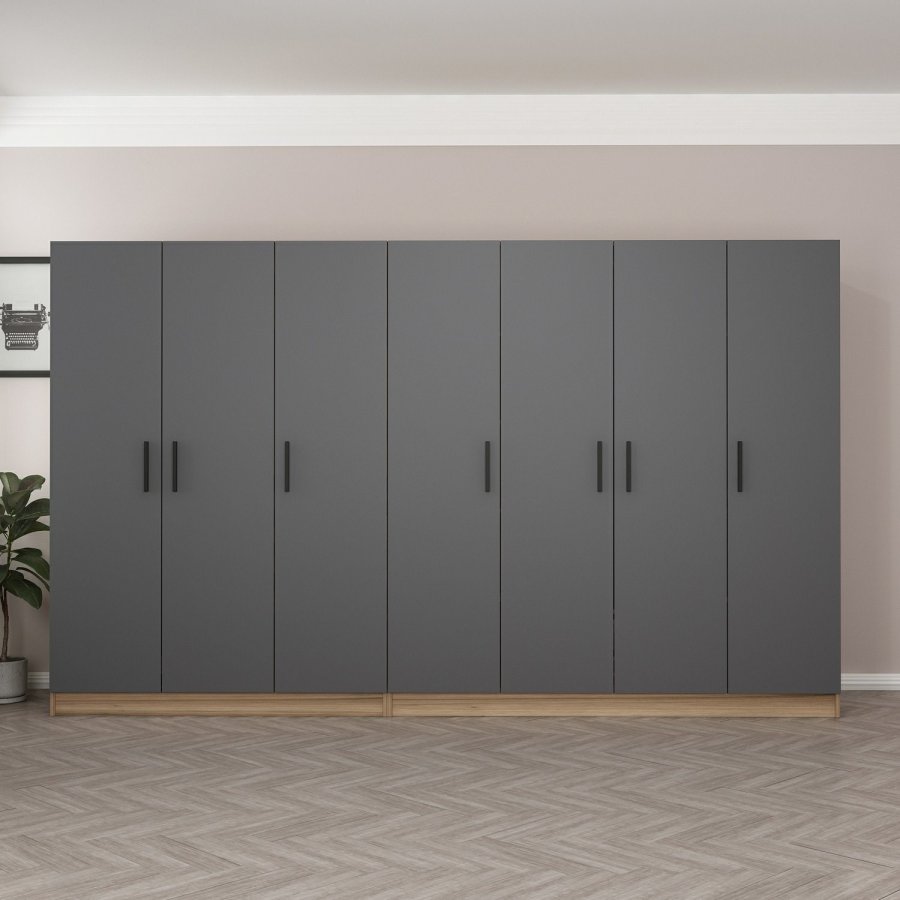 FUNZI LIVING 7513 garderobeskab, 7 lger, 2 bjlestnger, 4 skuffer, hylder - antracit/natur melamin