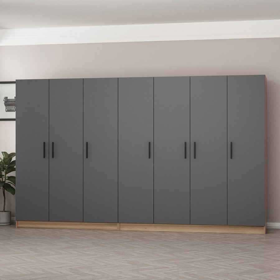 FUNZI LIVING 7513 garderobeskab, 7 lger, 2 bjlestnger, 4 skuffer, hylder - antracit/natur melamin