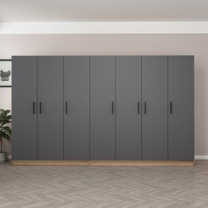 FUNZI LIVING 7643 garderobeskab, 7 lger, 2 bjlestnger, 4 skuffer, hylder - antracit/natur melamin