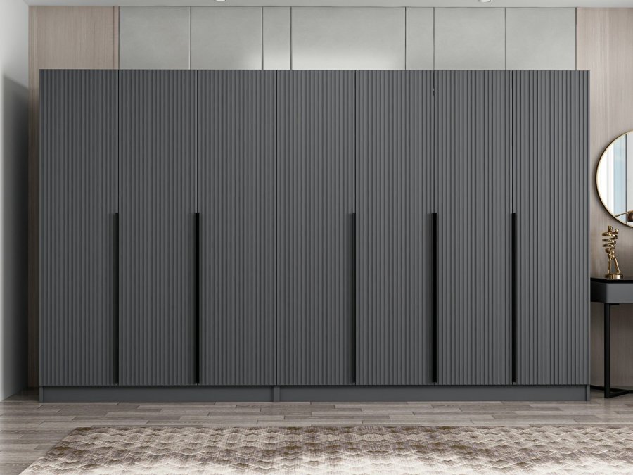 FUNZI LIVING Plus 7779 garderobeskab, 7 lger, 2 bjlestnger, 4 skuffer, hylder - antracit melamin