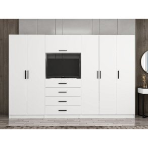 FUNZI LIVING 7826 garderobeskab, m. 6 lger, 2 bjlestnger, 6 skuffer, hylder - hvid melamin