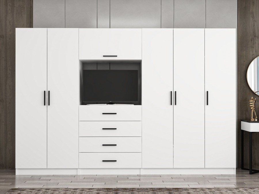 FUNZI LIVING 7826 garderobeskab, m. 6 lger, 2 bjlestnger, 6 skuffer, hylder - hvid melamin