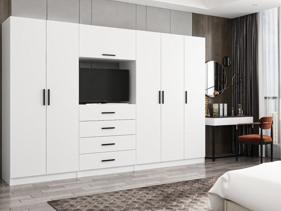 FUNZI LIVING 7826 garderobeskab, m. 6 lger, 2 bjlestnger, 6 skuffer, hylder - hvid melamin