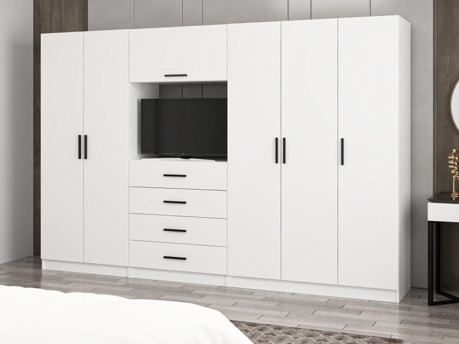 FUNZI LIVING 7826 garderobeskab, m. 6 lger, 2 bjlestnger, 6 skuffer, hylder - hvid melamin