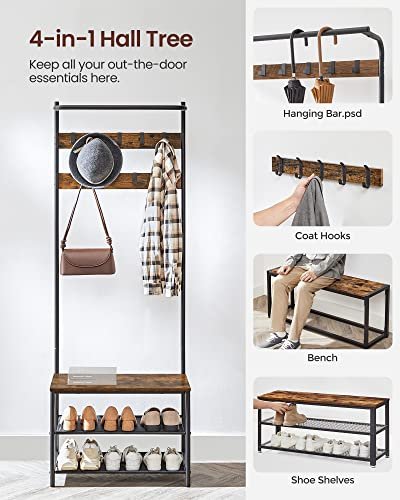 VASAGLE entréopstilling, m.  9 knager, bnk, bjlestang, 2 hylder, brun spnplade og sort stl