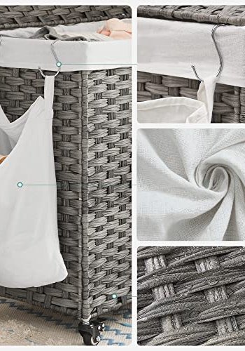 SONGMICS vasketjskurv, m. 3 rum, aftagelig foring, hndtag, lg, hjul - bomuld og gr polypropylen