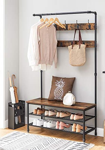 VASAGLE entréopstilling, m. 9 kroge, 1 bjlestang, 3 hylder - brun spnplade og sort stl