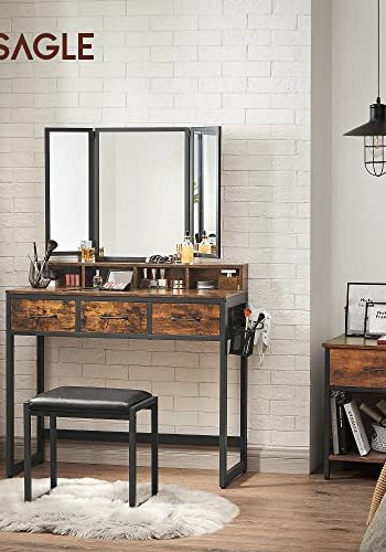 VASAGLE makeupbord, m. trefoldsspejl, 3 skuffer, 4 rum, taburet - brun spnplade, sort stl (90x40)