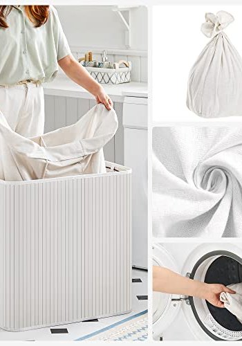 SONGMICS vasketjskurv, m. 3 sektioner, clip-on lg og hndtag - hvid bomuld og hvid bambus