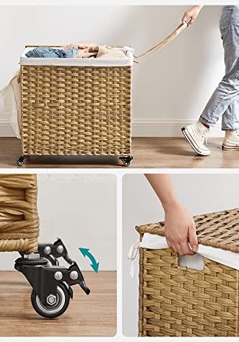 SONGMICS Vasketjskurv, m. 3 rum, aftagelig foring, hndtag, lg - hvid bomuld og natur polypropylen