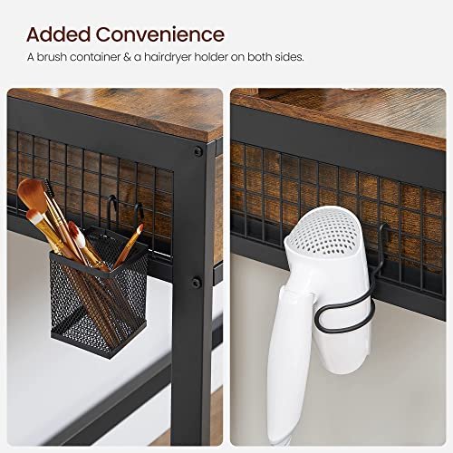 VASAGLE makeupbord, m. trefoldsspejl, 3 skuffer, 4 rum, taburet - brun spnplade, sort stl (90x40)