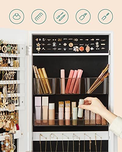 SONGMICS smykkeskab, lsbar, m. spejl, 2 plastikopbevaring til kosmetik - spejlglas og hvid MDF