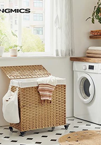 SONGMICS Vasketjskurv, m. 3 rum, aftagelig foring, hndtag, lg - hvid bomuld og natur polypropylen