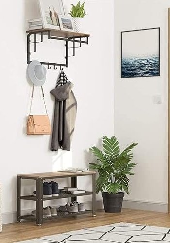 VASAGLE bnk, m. 2 skohylder - greige spnplade og sort stl (73x30)