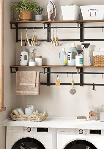 VASAGLE hattehylde, m. bjlestang og 8 aftagelige kroge - rustik brun spnplade og sort stl