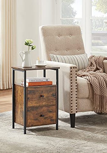 VASAGLE sengebord, m. 1 ben hylde og 2 skuffer - rustik brun spnplade og sort stl (38x28)