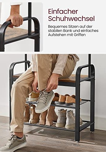 VASAGLE entréopstilling, m. 9 kroge, 1 bjlestang, 3 hylder - brun MDF og sort stl