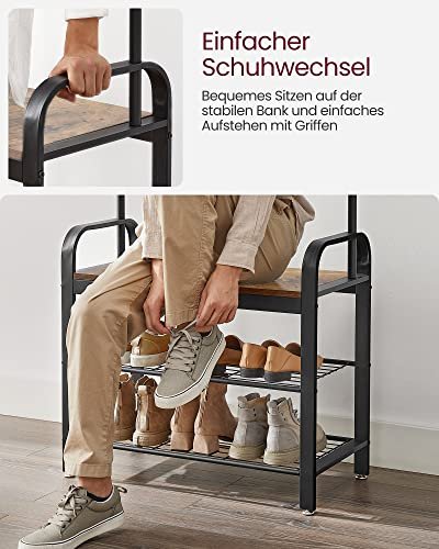 VASAGLE entréopstilling, m. 9 kroge, 1 bjlestang, 3 hylder - brun MDF og sort stl