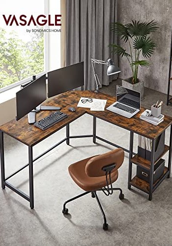 VASAGLE hjrneskrivebord, m. 2 hylder - rustik brun spnplade og sort stl (138x138)