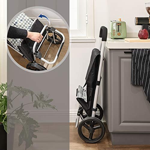 SONGMICS indkbsvogn p hjul, breevne 40L, lommer - sort og Houndstooth mnster stof og aluminium