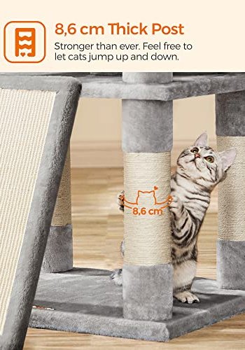 FEANDREA stor kradsetr, 5 niveauer, 3 platforme, 2 huler, 3 pomponer - lysegr plys